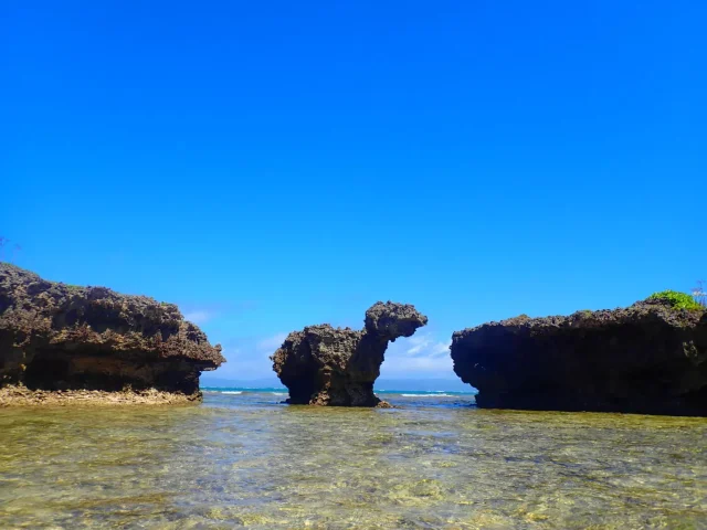 黒島の美しい海岸線で見られる、透き通った海と不思議な形の奇岩