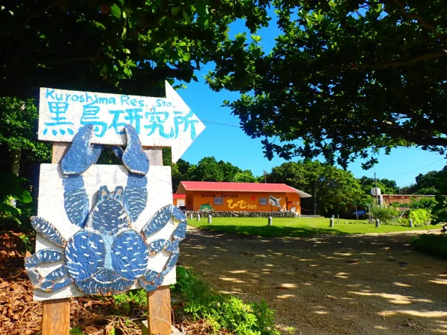 フェリー乗り場からの観光スポットとして人気の黒島研究所の入り口看板
